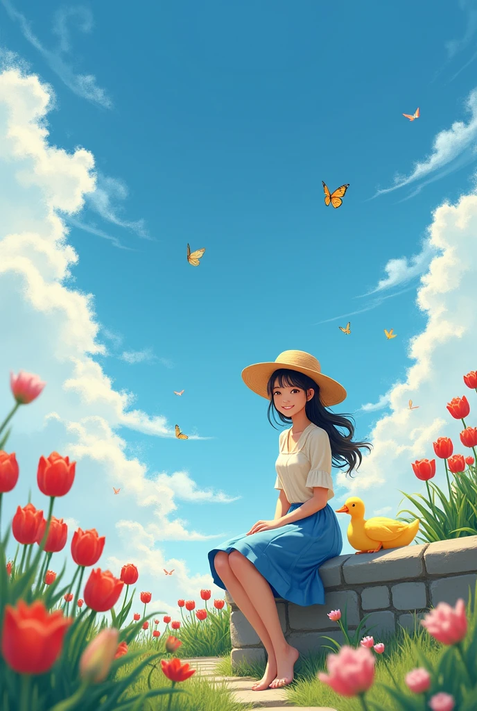 Adult girl in light-colored straw hat and top paired with blue skirt, seated beside a stone wall, gracing the scene with a smile, yellow duck by her side, surrounded by a foreground of colorful tulips, under a blue sky scattered with white clouds, butterflies in mid-flight, digital painting, ultra fine, cinematic.