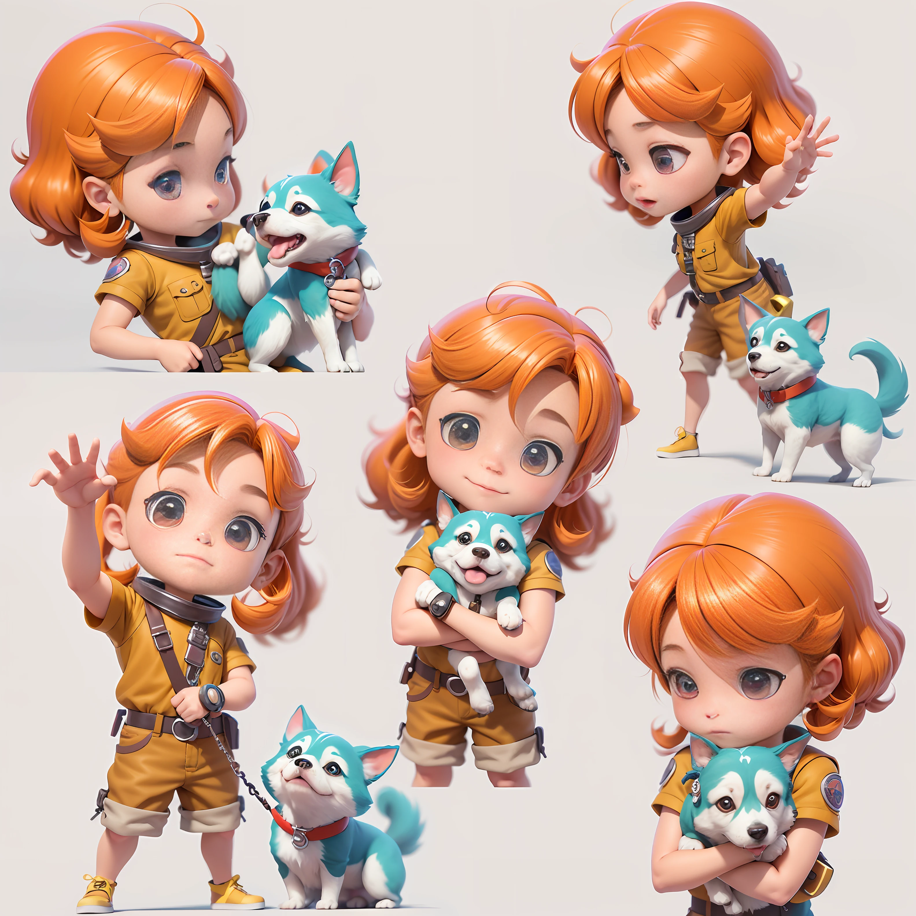 Close up of a man holding a dog, female explorer mini cute girl, various poses, animated characters, highly detailed characters, cute detailed digital art, high quality character design, character poses, render a cute 3d anime girl, cute art style, cute characters, cute 3d rendering, character artist, 3d rendering stylized,