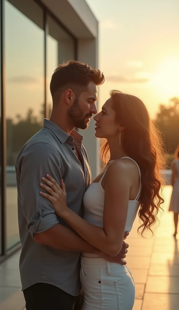 In front of a modern building on a sunny afternoon、The man is embracing his wife、Looking at another woman in the distance。
