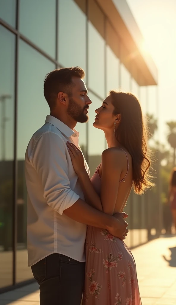 In front of a modern building on a sunny afternoon、The man is embracing his wife、Looking at another woman in the distance。