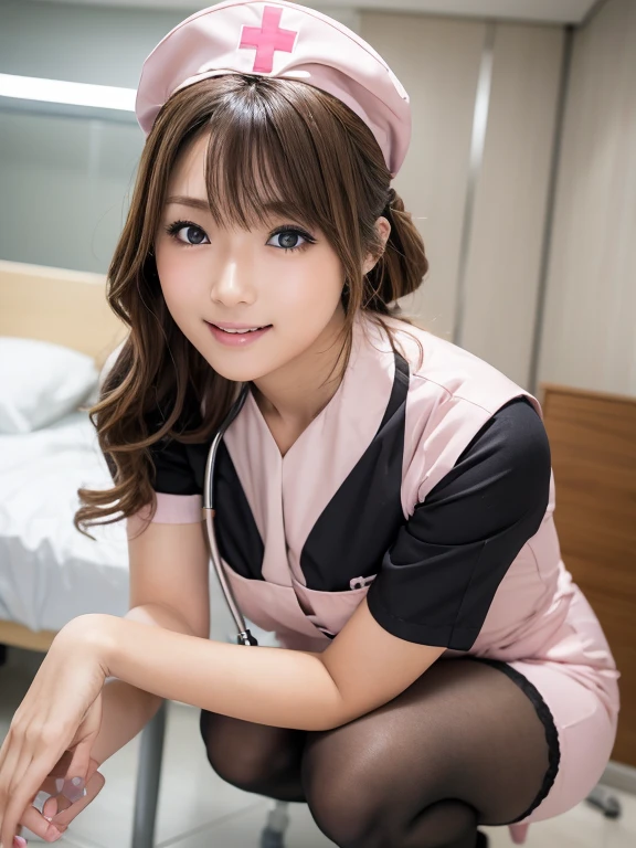 (Tabletop, Photorealistic:1.4, 8k), Highest quality, masterpiece, Ultra-high resolution, Perfect dynamic composition, Cute sexy Japanese nurse, One person,Big Face, Round face, Sexy Face:0.4, Natural Makeup,(Distant eyes, blue eyes:0.8, Beautiful erotic eyes:0.85, Small Mouth, Thick lips, A taste of beautiful eroticism:0.85),(Light brown hair, French Braid:1.1), Highly detailed skin and facial textures:1.3, Sunburned skin:1.2, Slim figure, Mid-chest:1.2, Shiny thighs:1.2, Limb details, (Laughing and completely charming you:1.0), (Dark pink nurse costume:1.4, Nurse cap:0.5, Black Pantyhose:1.2), (Too cute beauty:0.9), Hospital room, ((Looking at the camera)), ((Squat on the side)),(Shooting from below:1.2)