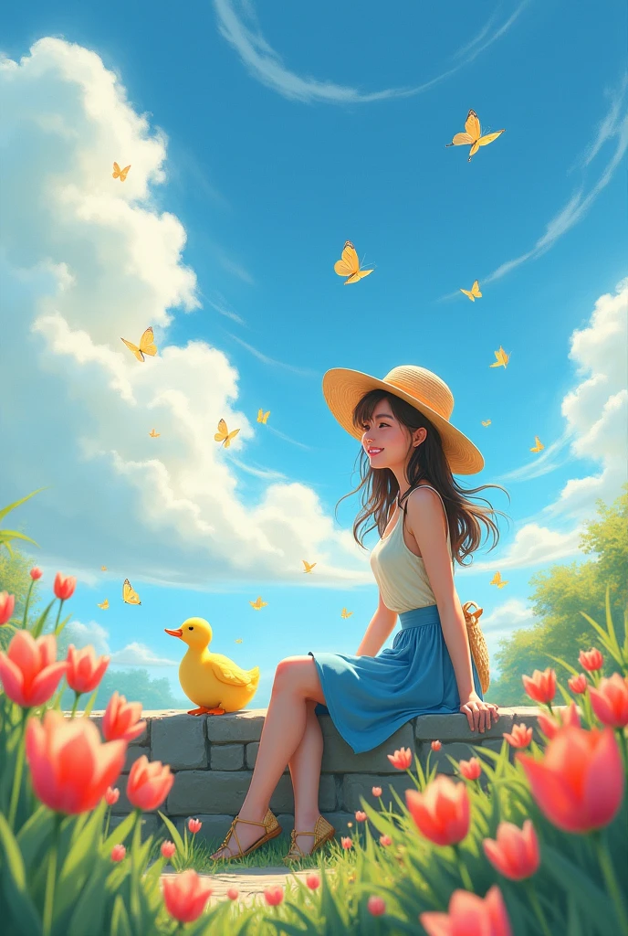Adult girl in light-colored straw hat and top paired with blue skirt, seated beside a stone wall, gracing the scene with a smile, yellow duck by her side, surrounded by a foreground of colorful tulips, under a blue sky scattered with white clouds, butterflies in mid-flight, digital painting, ultra fine, cinematic.