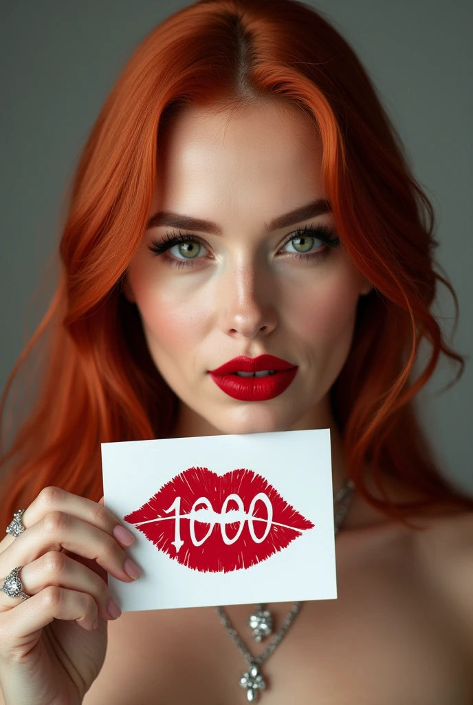 close-up, extreme close-up, close-up portrait, portrait, close-up on her lips, ultra realistic, photography, long straight red hair, (30 years old, green eyes, hourglass figure, perfect body, natural medium breasts), firtatious look, glossy shiny red lipstick, femme fatale, she is a sex icon, she is a sex goddess, long eyelashes, cat-eye make-up, focus on her eyes, highlight her lips, her eyes focus the camera, wearing diamond jewelry, holding up a white sign with a red lipstick kiss printed on it and the Number "1000" written over it, she has her lips pouted and her eyes closed