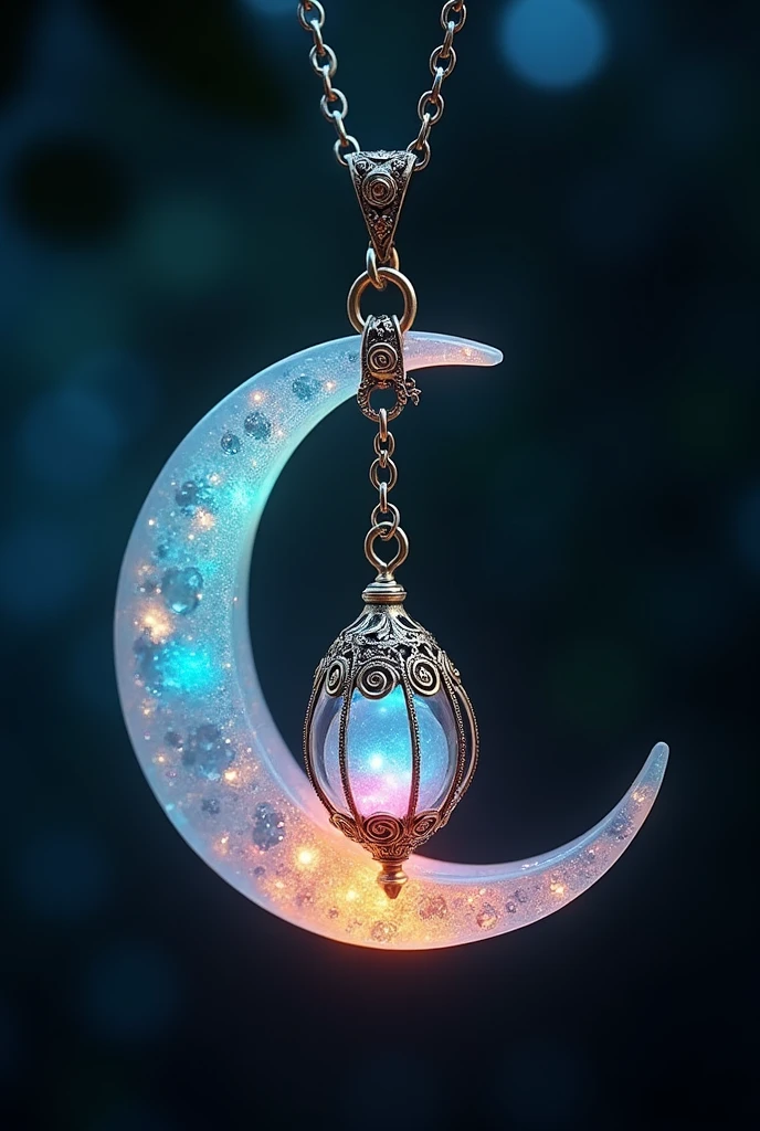 This is an enchanting crescent moon necklace, featuring a glowing, luminescent design. The crescent moon pendant is large and dominates the design, curving gracefully with a delicate filigree pattern that adds intricate detail to its surface. The crescent has a soft, radiant Rainbow glow that emanates from within, creating a magical and otherworldly effect. Hanging from the inside of the crescent moon is a small, spherical crystal, encased in an ornate, Golden metal cage. The orb also emits a faint Rainbow glow, harmonizing with the light of the crescent moon. The metal cage surrounding the orb is intricately designed, with delicate swirls and loops that add a touch of elegance and complexity. The pendant is attached to a fine, silver chain that complements the overall design. The chain is simple and unobtrusive, allowing the focus to remain on the glowing crescent moon and orb pendant. The overall aesthetic of the necklace is mystical and celestial, perfect for someone who appreciates unique, fantasy-inspired jewelry with a touch of magic.