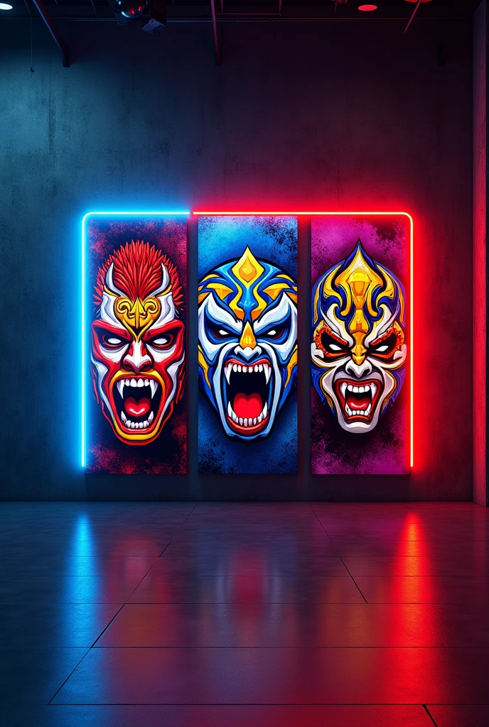 Decorate a wall with a wrestling theme framed in a rectangle of LED lights, around masks or posters of Mexican wrestling characters