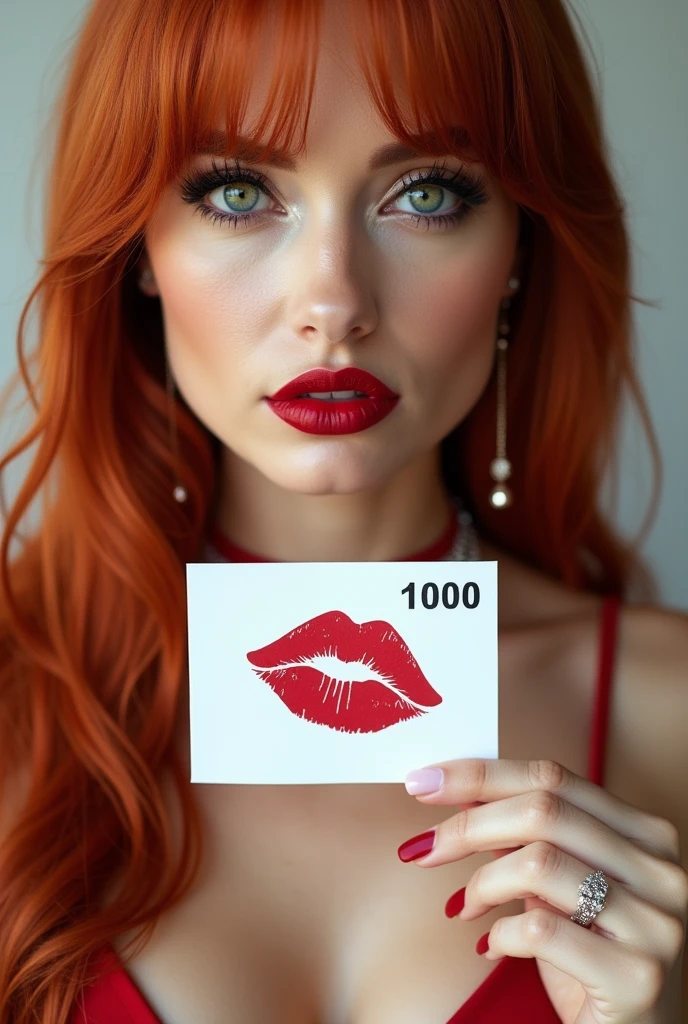 close-up, extreme close-up, close-up portrait, portrait, close-up on her lips, ultra realistic, photography, long straight red hair, (30 years old, green eyes, hourglass figure, perfect body, natural medium breasts), firtatious look, glossy shiny red lipstick, femme fatale, she is a sex icon, she is a sex goddess, long eyelashes, cat-eye make-up, focus on her eyes, highlight her lips, her eyes focus the camera, wearing diamond jewelry, holding up a white sign with a red lipstick kiss printed on it and the Number "1000" written in black over it, she has her lips pouted and her eyes closed