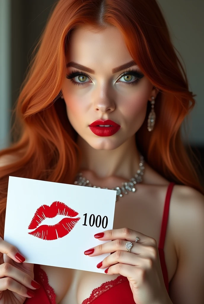 close-up, extreme close-up, close-up portrait, portrait, close-up on her lips, ultra realistic, photography, long straight red hair, (30 years old, green eyes, hourglass figure, perfect body, natural medium breasts), firtatious look, glossy shiny red lipstick, femme fatale, she is a sex icon, she is a sex goddess, long eyelashes, cat-eye make-up, focus on her eyes, highlight her lips, her eyes focus the camera, wearing diamond jewelry, holding up a white sign with a red lipstick kiss printed on it and the Number "1000" written in black over it, she has her lips pouted and her eyes closed