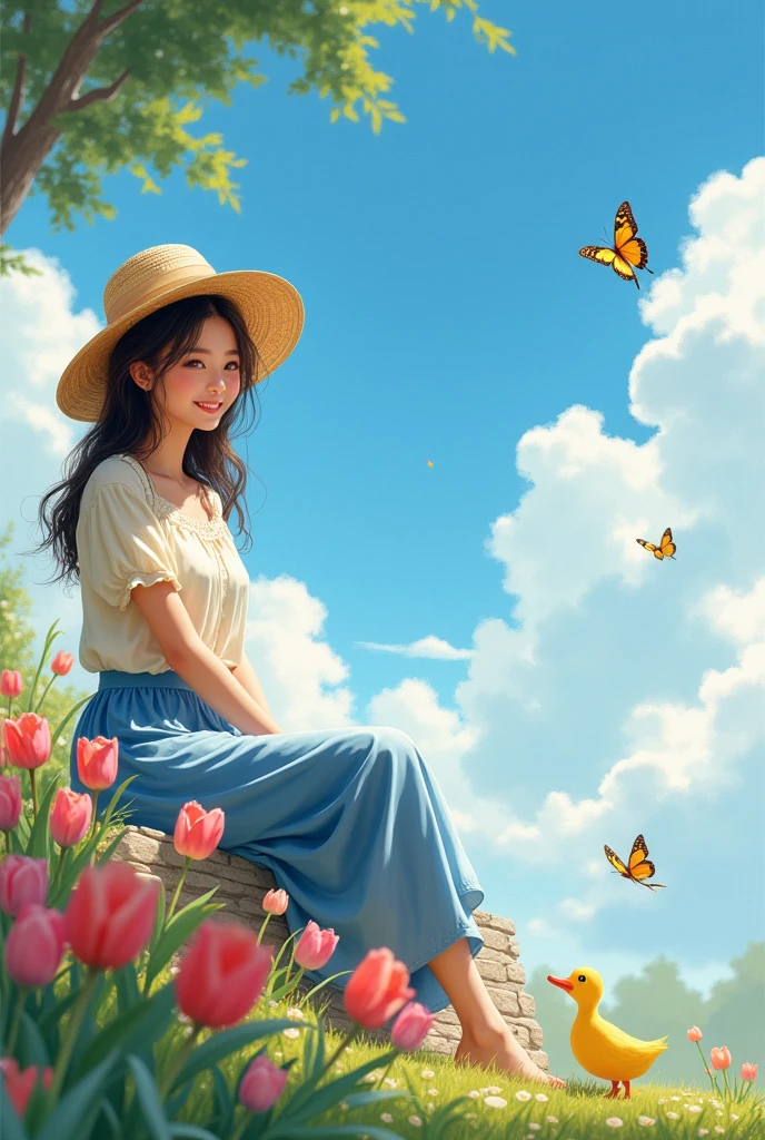 Adult girl in light-colored straw hat and top paired with blue skirt, seated beside a stone wall, gracing the scene with a smile, yellow duck by her side, surrounded by a foreground of colorful tulips, under a blue sky scattered with white clouds, butterflies in mid-flight, digital painting, ultra fine, cinematic.