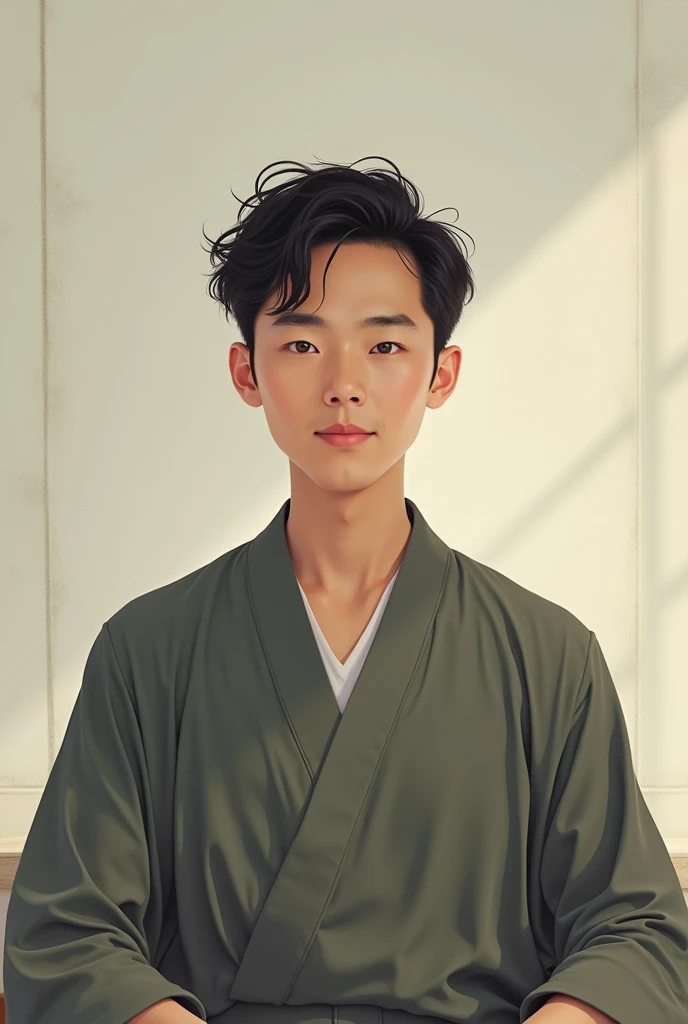An Asian man，Young handsome，Facing the camera，A peaceful and calm smile。 A Zen-like and peaceful practice