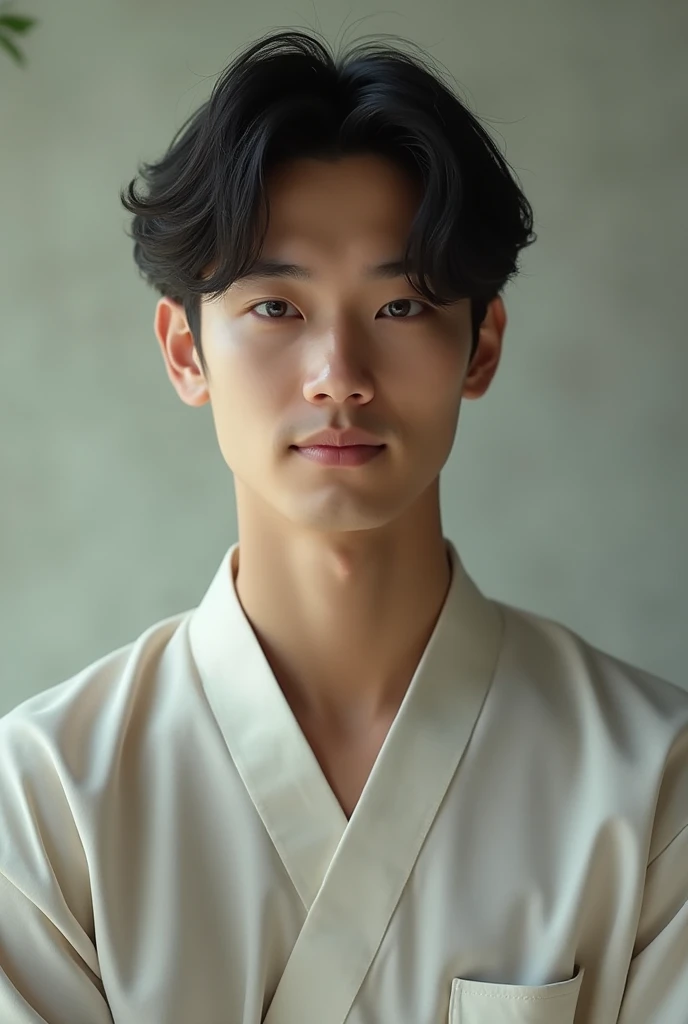 An Asian man,Young handsome,Facing the camera,A peaceful and calm smile。 A Zen-like and peaceful practice