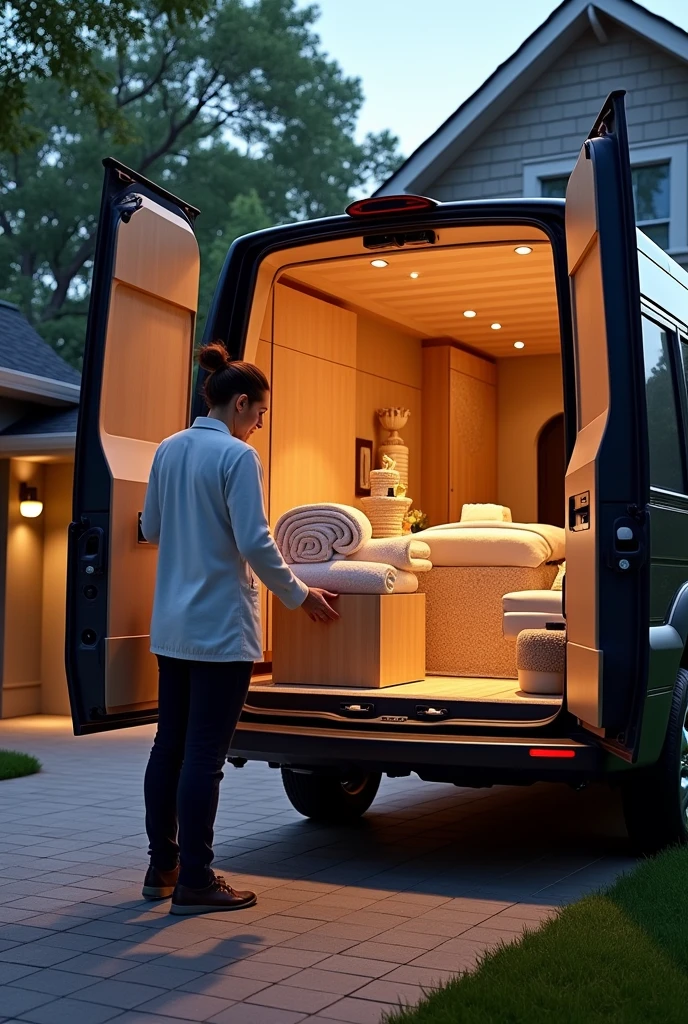 "Create an image of a home spa vehicle, elegant and modern, with the interior loaded with spa items. The vehicle is parked in the driveway of a house. Shows the rear or side door of the vehicle open, revealing that spa items, like towels, essential oils, candles, and a small water fountain, They are organized in easy-to-carry compartments. In the image, depicts a spa professional removing items from the vehicle and carrying them inside the house. Inside the house, shows the space where items are being assembled and organized to create a spa-like environment, with a massage table and a comfortable chair in the process of being assembled. The scene should highlight the ease of transport and assembly, with warm and cozy lighting to emphasize the transformation of the home into a haven of luxury and tranquility."

