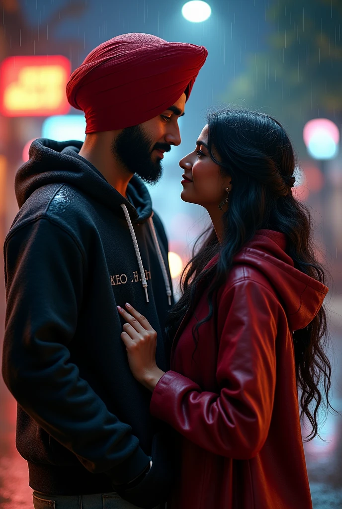 a20years punjabi boy sir pe lal coolar ki turban pero me jute black coolar ke or hoodie pehan ke rakhi ho or hoodie pe name likha ho poorav ek pass me punjabi girl khadi ho hath pakad
Rain backgruand kbord pe name likha ho ,poorav and or The name of two people is written in the back of the Bod.in poorav and simran, me bethe ho dono girl and boy night rain