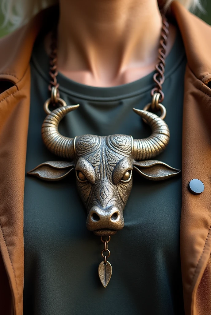 A sturdy, bold neckless with strong lines and thick metal accents, representing the Ox's strength, reliability, and hardworking spirit. It could feature earthy tones and solid shapes that reflect stability and perseverance.