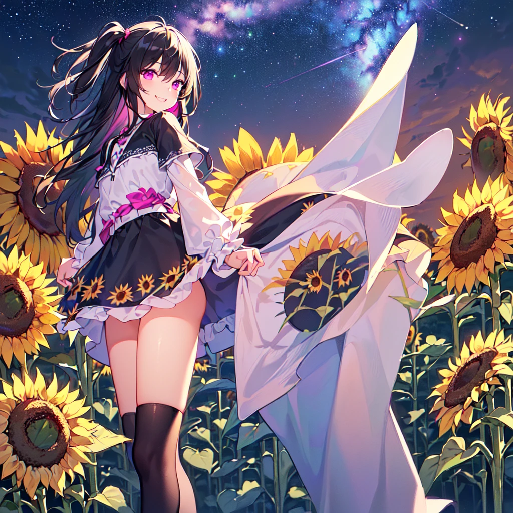 masterpiece, best quality, high quality, extremely detailed, very delicate and beautiful, (1 female 1 solo:1.5), (long black hair with two side up:1.5), bangs to eyebrows, eyes sharp and bright (eye color magenta:1.3), 6.5 head height, (sunflower print fashion:1.3), (knee socks), ruffles, lace, (standing), (dynamic pose), (smiling), (background sunflower field:1.3),(Milky Way Night Sky:1.3)