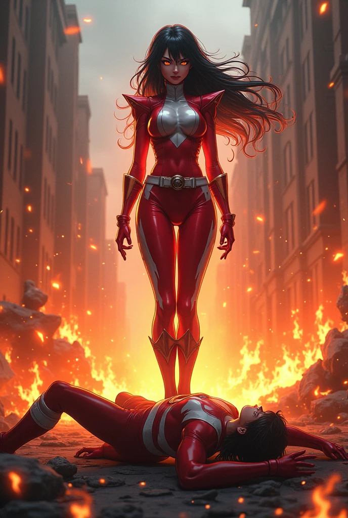Japanese dark haired female supervillain with fire powers and a red and white skintight costume is standing triumphantly over the body of a charred costumed hero. An evil smirk crosses her black lips. Evil wins, lots of dead bodies and destruction.