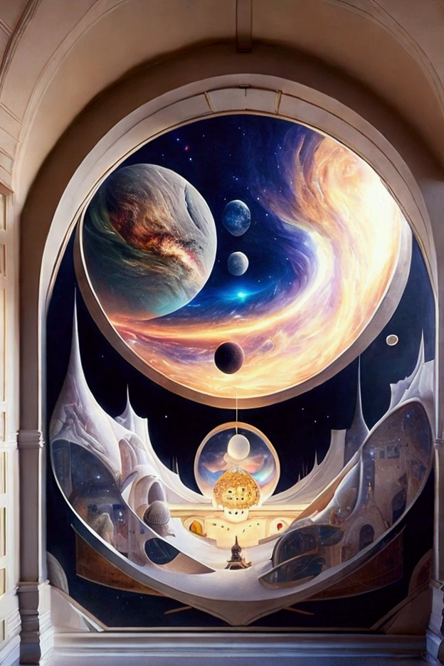 "Imagine an architectural study of a futurist architect of planets and galaxies, who is the creator of a large portion of the Universe, art on walls, furniture, and all interior space is meant to reflect the creativity with which the architect has created nebulae and marvelous galaxies."