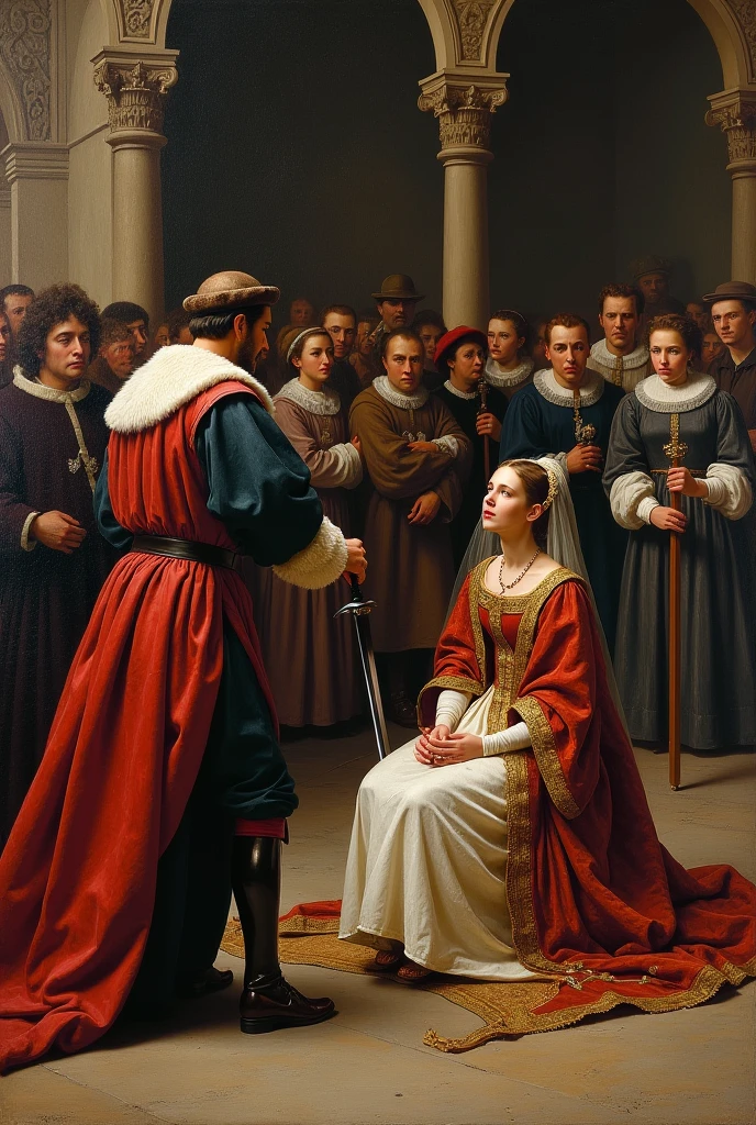 An oil painting of of a swords men cutting anne Boleyn head from The Tudors