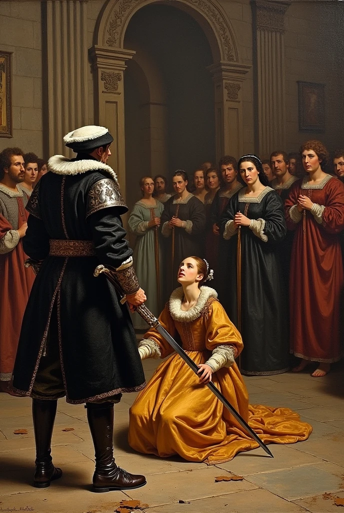 An oil painting of of a swords men cutting anne Boleyn head from The Tudors
