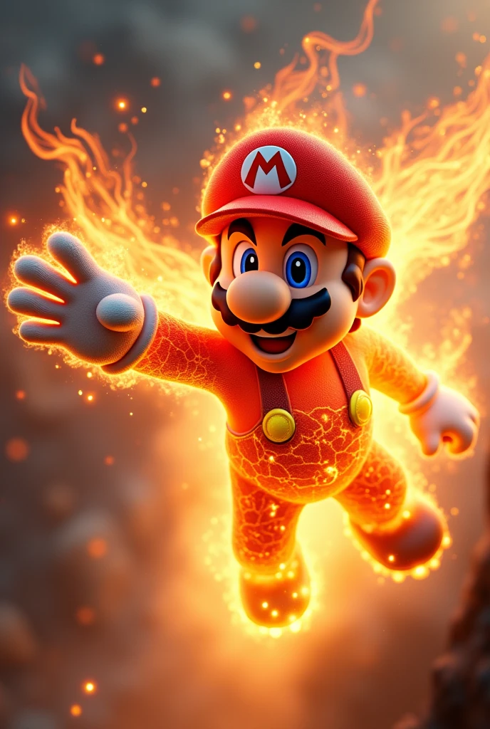 Video game Mario. Body made of fire, flying like Superman with one arm outstretched in front..