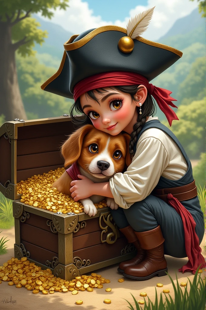 girl dressed as a pirate, dog in a treasure chest and girl hugging dog outside the chest