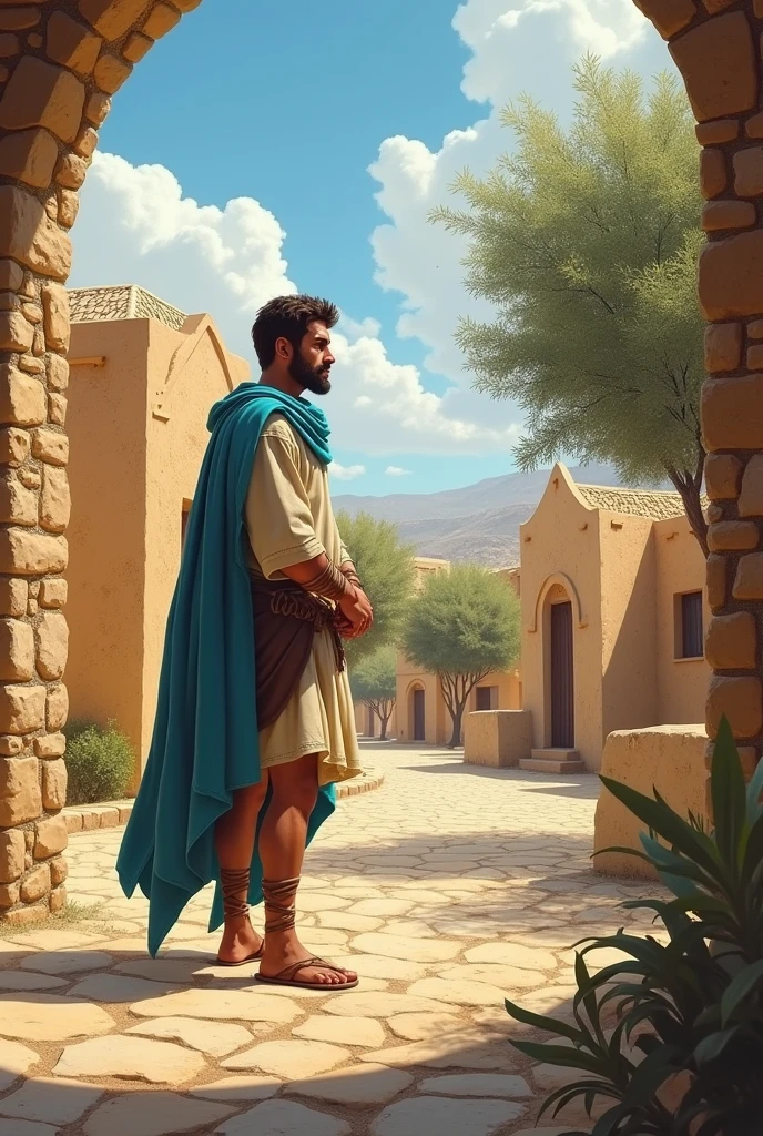 A light-skinned man, blue eyes, beard and dark brown hair, dressed in bone-colored tunic, brown short skirt, sandals tied up to the shins, and sky blue mantle observes a group of 1st century Jewish houses made of ochre-colored stone surrounded by olive trees  