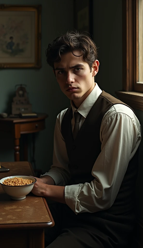 A young man in early 20th-century attire, appearing visibly tired or weak. He is seated in a period-style room, perhaps in a dimly lit corner of a vintage bedroom or study, showing signs of fatigue. The setting includes a partially finished bowl of Kellogg’s cereal on a table nearby. The emphasis is on his worn expression and posture, suggesting weakness, while maintaining a respectful and subtle portrayal consistent with the era’s sensibilities.