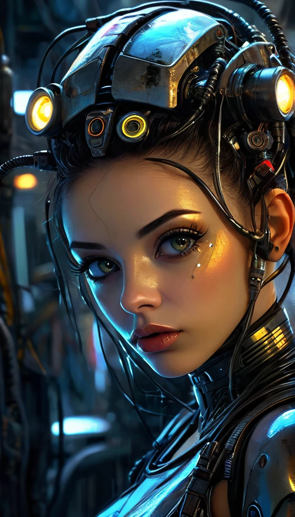 a cyborg girl, beautiful detailed eyes, beautiful detailed lips, extremely detailed face and eyes, intricate machinery and wiring, dark sci-fi cyberpunk setting, plugged into glowing machinery, overall gloomy and dystopian atmosphere, cinematic lighting and shadows, dramatic chiaroscuro, oil painted, detailed textures, high resolution, 8k, best quality, photorealistic, masterpiece