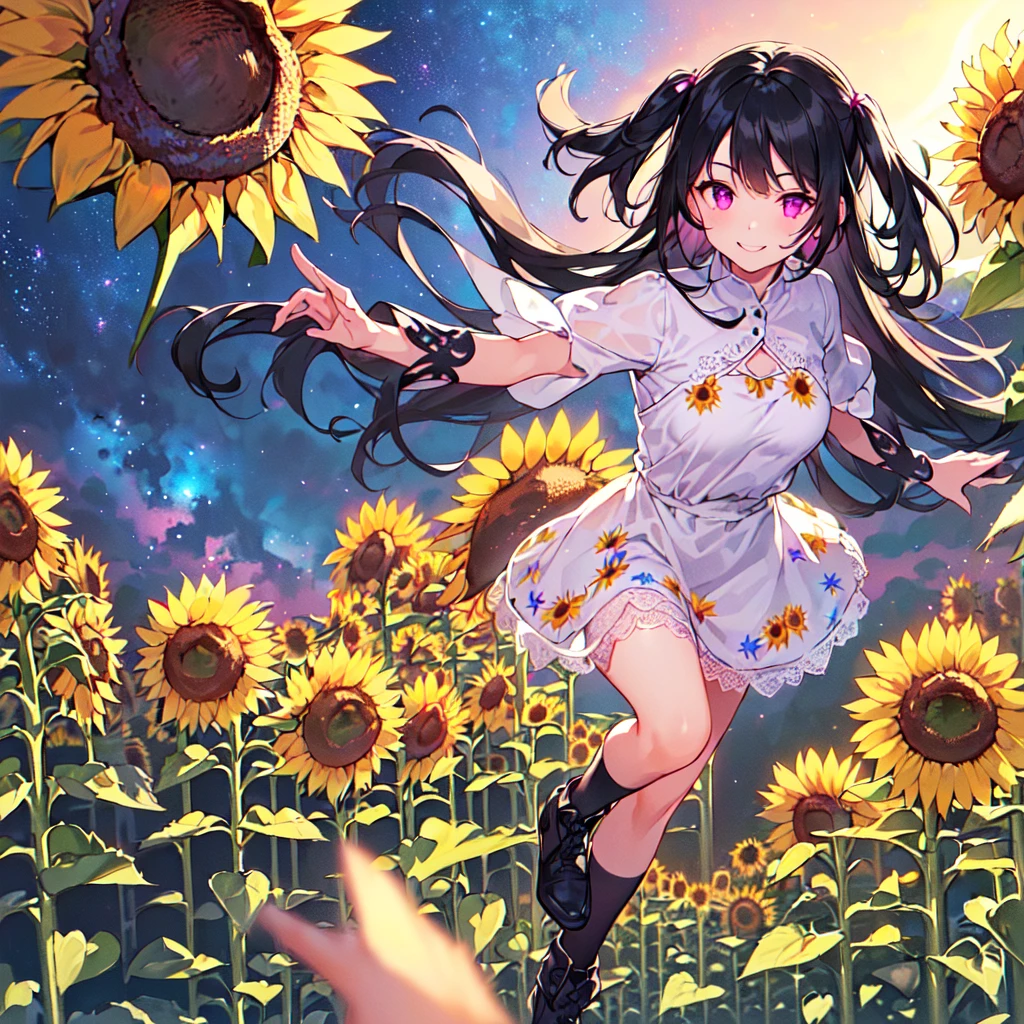 masterpiece, best quality, high quality, extremely detailed, very delicate and beautiful, (1 female 1 solo:1.5), (long black hair with two side up:1.5), bangs to eyebrows, eyes sharp and bright (eye color magenta:1.3), 6.5 head height, (sunflower print fashion:1.3), (knee socks), ruffles, lace, (standing), (dynamic pose), (smiling), (background sunflower field:1.3),(Milky Way Night Sky:1.3)