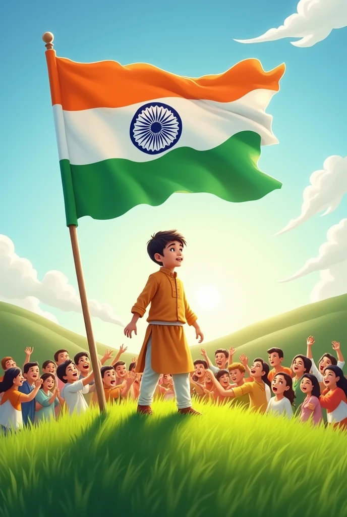 Indian flag with boy stand on a green grass field and happy with Indian peoples