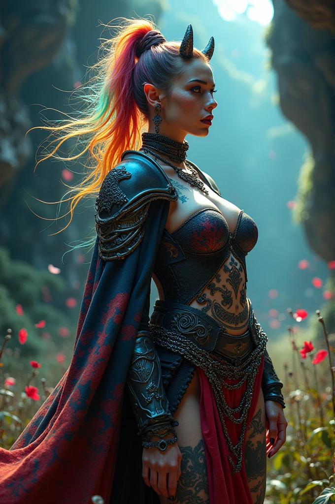 2.Stunning beauty of magical tattooed ghotic demon lady, realistic high detail, sharp detail, furious face, caucasian ethnicity, sharp teeth, lips piercing, rainbow collored messy hair, curvy plump body, shimmering eyes, exoskeleton armor, intricated raven shogun short armor, colorful harajuku crystal kimono, hibiki, mythril armor, high thigh, chaotic field, queen pose, windblows, realistic, hiding in dark cave, cyberpunk theme, glow, vibrant light, ornamental chain knots, webbing, cinematic, burst of horror effect, fractal aura, jewelry, full length image, bokeh