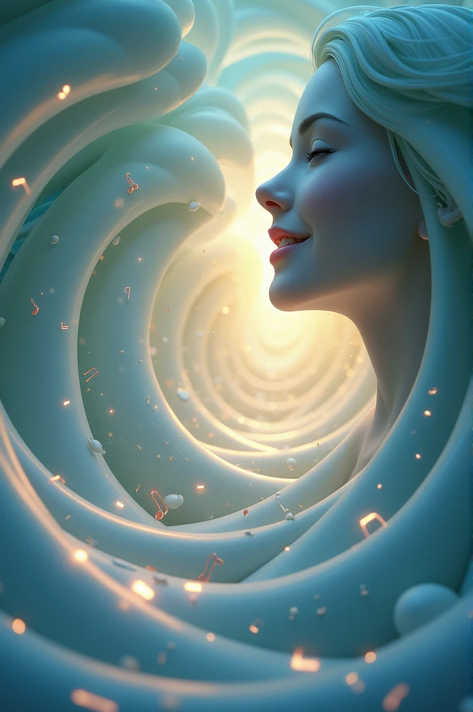 The image shows smooth, undulating sound waves, emanating from a smiling mouth. Around it, There are little musical notes floating in the air, representing the melody of the beloved voice.