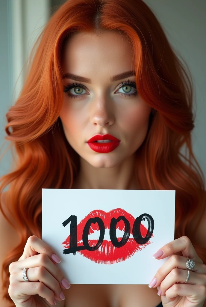 close-up, extreme close-up, close-up portrait, portrait, close-up on her lips, ultra realistic, photography, long straight red hair, (30 years old, green eyes, hourglass figure, perfect body, natural medium breasts), firtatious look, glossy shiny red lipstick, femme fatale, she is a sex icon, she is a sex goddess, long eyelashes, cat-eye make-up, focus on her eyes, highlight her lips, her eyes focus the camera, wearing diamond jewelry, holding up a white sign with a red lipstick kiss printed on it and the Number "1000" written in black over it, she has her lips pouted and her eyes closed