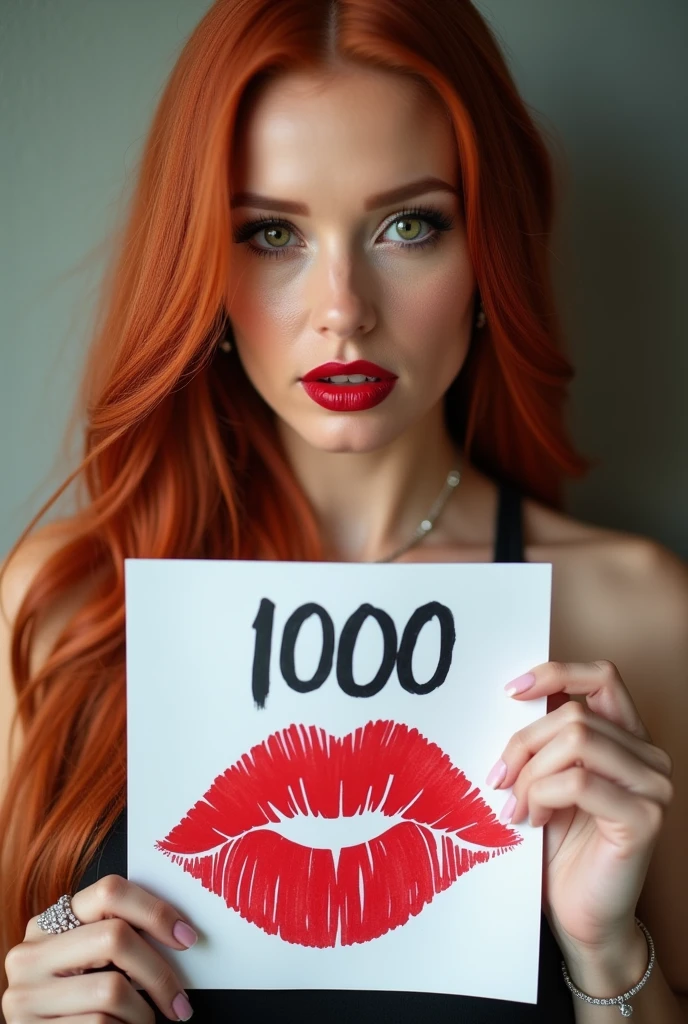 close-up, extreme close-up, close-up portrait, portrait, close-up on her lips, ultra realistic, photography, long straight red hair, (30 years old, green eyes, hourglass figure, perfect body, natural medium breasts), firtatious look, glossy shiny red lipstick, femme fatale, she is a sex icon, she is a sex goddess, long eyelashes, cat-eye make-up, focus on her eyes, highlight her lips, her eyes focus the camera, wearing diamond jewelry, holding up a white sign with a red lipstick kiss printed on it and the Number "1000" written in black over it, she has her lips pouted and her eyes closed