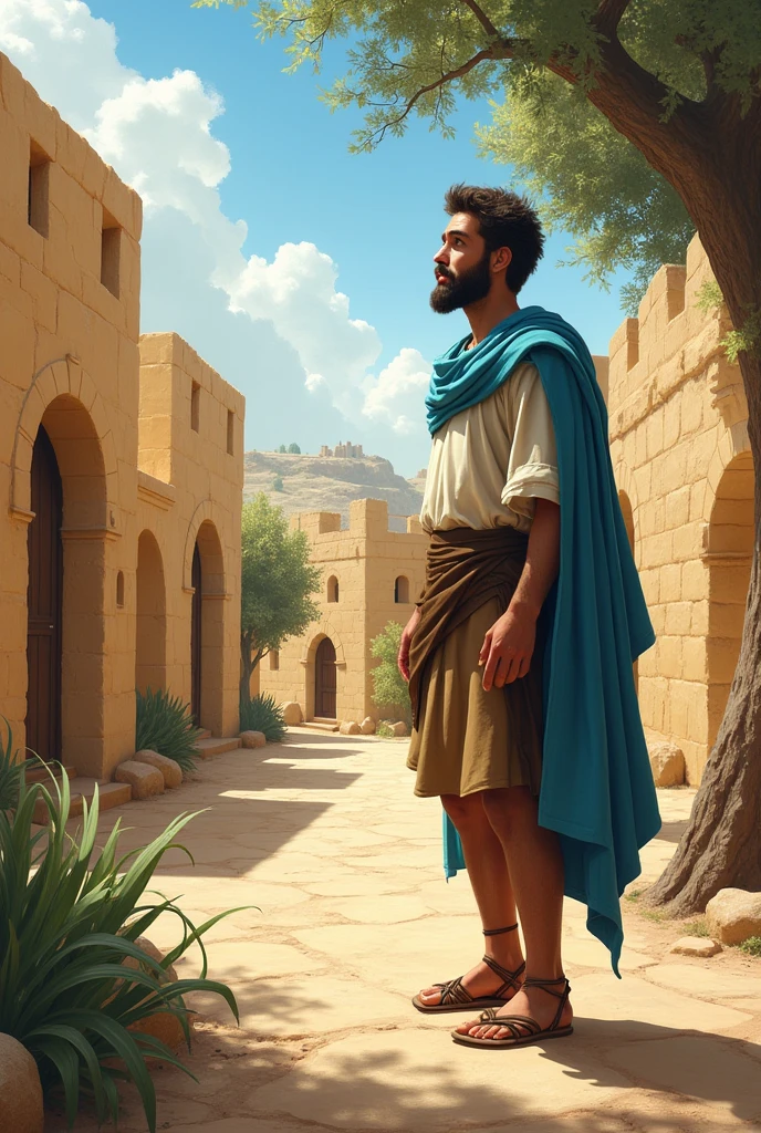 A light-skinned man, blue eyes, beard and dark brown hair, dressed in bone-colored tunic, brown short skirt, sandals tied up to the shins, and sky blue mantle observes a group of 1st century Jewish houses made of ochre-colored stone surrounded by olive trees