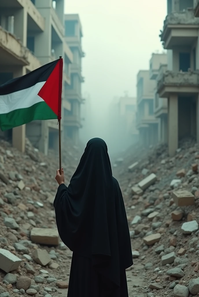 sunset, Palestine earthquake, rubble and destruction, somber, hope, (masterpiece:1.1) (best quality) (detailed) (intricate) (8k) (HDR) (cinematic lighting) (sharp focus:1.1), Palestine flag, hijab, muslim