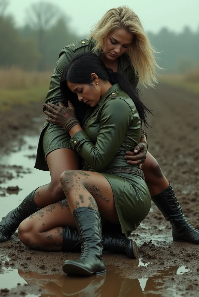 An intense mud wrestling match between two female soldiers. Girl 1: Denise Milani, voluptuous, Busty, curvy, biker babe with straight jet-black hair, thick thighs, muscular physique, huge breasts, shirt torn open, clothes ripped apart terrified, beaten, defeated. Girl 2: Pamela Anderson, toned, muscular blonde with strong muscular arms, punishing her opponent. Both women are wearing an olive green leather a-line business skirt, tight long-sleeved olive green leather shirt, stockings and black leather stiletto-heeled combat boots. Their clothes and bodies are covered in dirty wet mud. Both women hate each other have a aggressive expressions. The blonde is on top of her opponent.