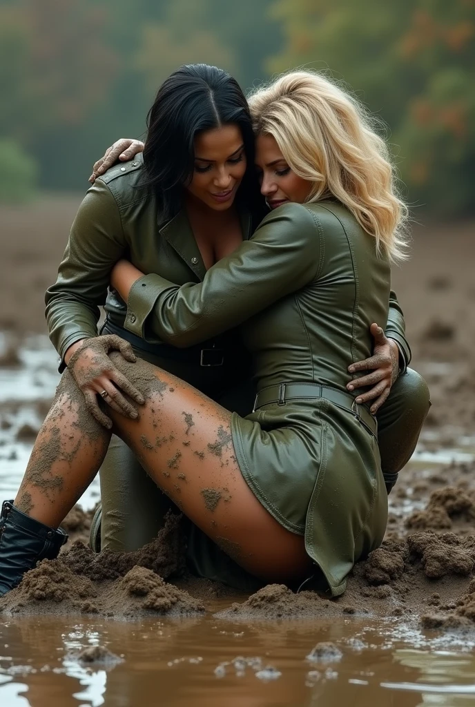 An intense mud wrestling match between two female soldiers. Girl 1: Denise Milani, voluptuous, Busty, curvy, biker babe with straight jet-black hair, thick thighs, muscular physique, huge breasts, shirt torn open, clothes ripped apart terrified, beaten, defeated. Girl 2: Pamela Anderson, toned, muscular blonde with strong muscular arms, punishing her opponent. Both women are wearing an olive green leather a-line business skirt, tight long-sleeved olive green leather shirt, stockings and black leather stiletto-heeled combat boots. Their clothes and bodies are covered in dirty wet mud. Both women hate each other have a aggressive expressions. The blonde is on top of her opponent.