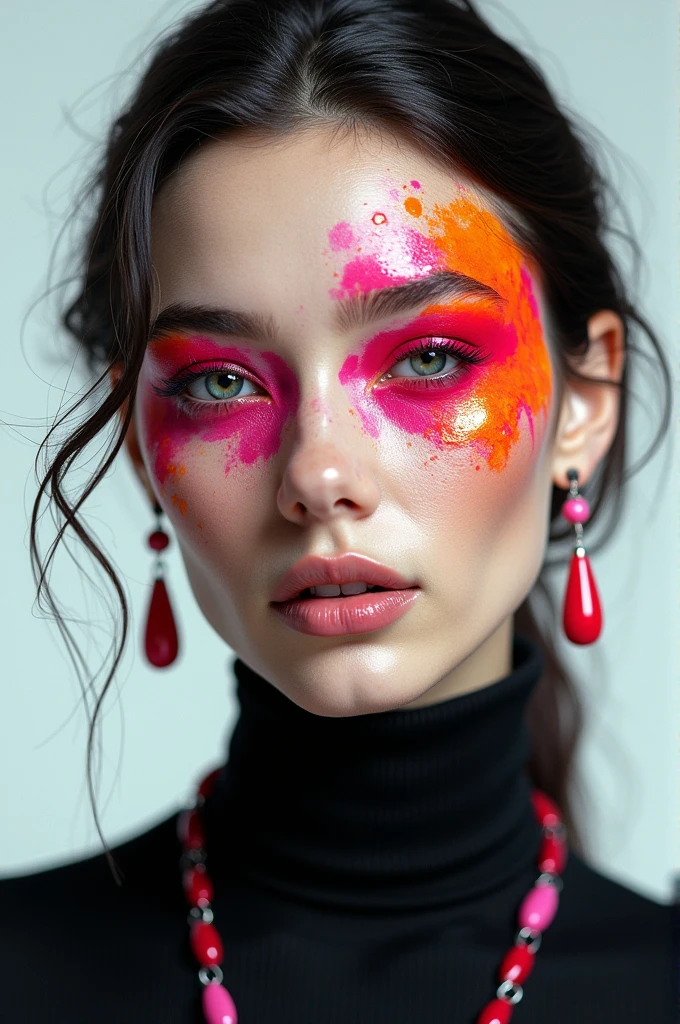 A stylized woman's image with vibrant and vivid acrylic makeup, luxury, adorned with splashes of bright acrylic paint that contrast against a monochromatic backdrop. The depiction is hyperrealistic, blending elements of photorealism with a futuristic aesthetic, full hd."