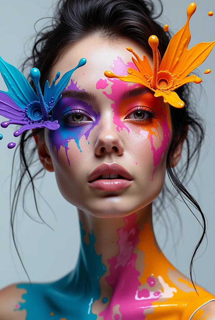 A stylized woman's image with vibrant and vivid acrylic makeup, luxury, adorned with splashes of bright acrylic paint that contrast against a monochromatic backdrop. The depiction is hyperrealistic, blending elements of photorealism with a futuristic aesthetic, full hd."