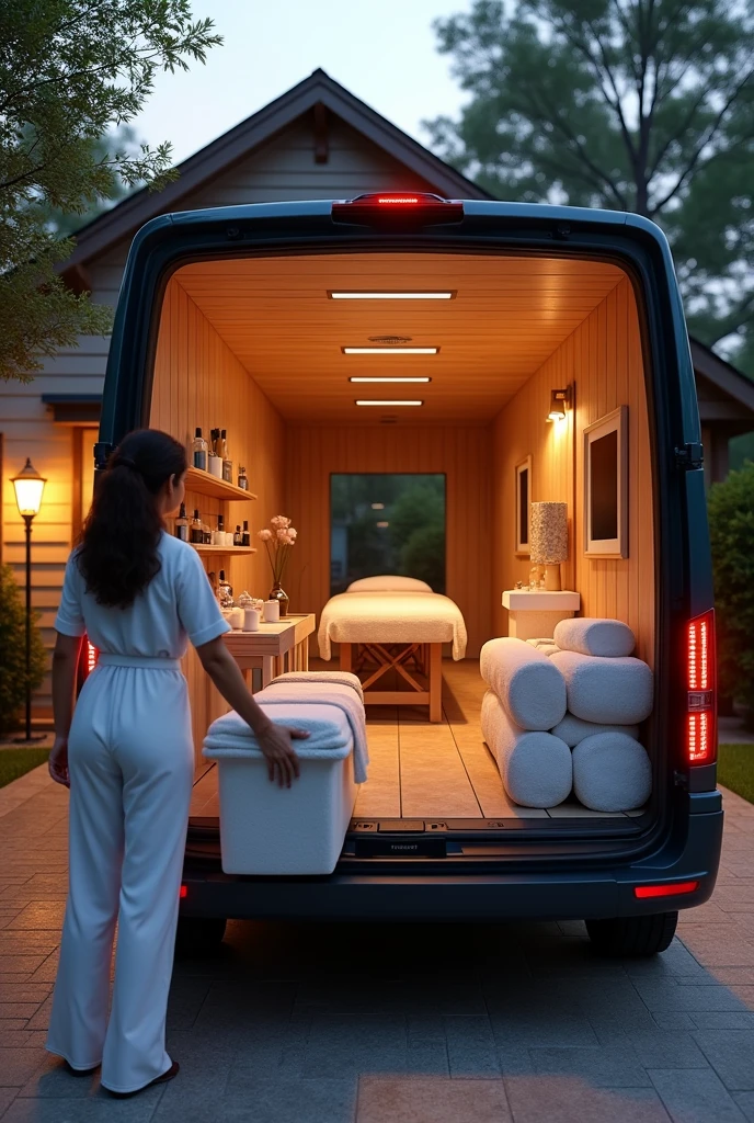 "Create an image of a home spa vehicle, elegant and modern, with the interior loaded with spa items. The vehicle is parked in the driveway of a house. Shows the rear or side door of the vehicle open, revealing that spa items, like towels, essential oils, candles, and a small water fountain, They are organized in easy-to-carry compartments. In the image, depicts a spa professional removing items from the vehicle and carrying them inside the house. Inside the house, shows the space where items are being assembled and organized to create a spa-like environment, with a massage table and a comfortable chair in the process of being assembled. The scene should highlight the ease of transport and assembly, with warm and cozy lighting to emphasize the transformation of the home into a haven of luxury and tranquility."