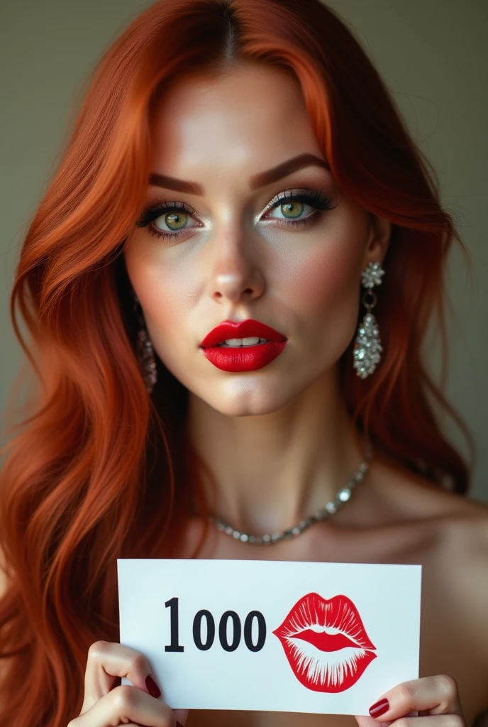 close-up, extreme close-up, close-up portrait, portrait, close-up on her lips, ultra realistic, photography, long straight red hair, (30 years old, green eyes, hourglass figure, perfect body, natural medium breasts), glossy shiny red lipstick, femme fatale, she is a sex icon, she is a sex goddess, long eyelashes, cat-eye make-up, focus on her lips, highlight her lips, wearing diamond jewelry, holding up a white sign with a red lipstick kiss printed on it and the Number "1000" written in black over it, she has her lips pouted and her eyes closed, she is blowing a kiss with pouting lips towards the camera,
