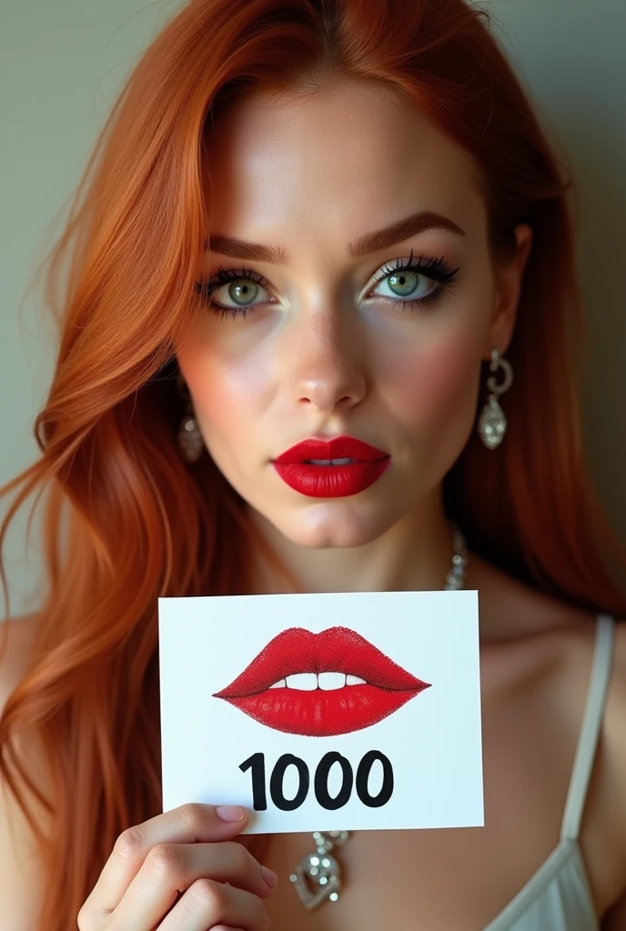 close-up, extreme close-up, close-up portrait, portrait, close-up on her lips, ultra realistic, photography, long straight red hair, (30 years old, green eyes, hourglass figure, perfect body, natural medium breasts), glossy shiny red lipstick, femme fatale, she is a sex icon, she is a sex goddess, long eyelashes, cat-eye make-up, focus on her lips, highlight her lips, wearing diamond jewelry, holding up a white sign with a red lipstick kiss printed on it and the Number "1000" written in black over it, she has her lips pouted and her eyes closed, she is blowing a kiss with pouting lips towards the camera,