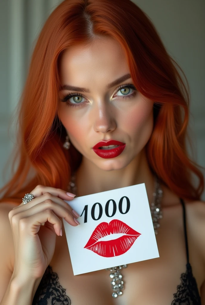close-up, extreme close-up, close-up portrait, portrait, close-up on her lips, ultra realistic, photography, long straight red hair, (30 years old, green eyes, hourglass figure, perfect body, natural medium breasts), firtatious look, glossy shiny red lipstick, femme fatale, she is a sex icon, she is a sex goddess, long eyelashes, cat-eye make-up, focus on her eyes, highlight her lips, her eyes focus the camera, wearing diamond jewelry, holding up a white sign with a red lipstick kiss printed on it and the Number "1000" written in black over it, she has her lips pouted and her eyes closed