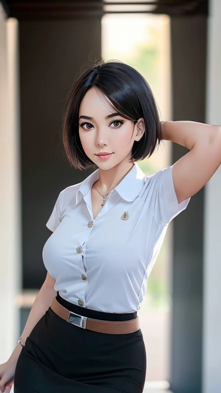 Pretty thai woman short hair , (8k, best quality, masterpiece, ultra highres:1.2) Photo of Pretty thai woman beautiful, beautiful enchanting fashion contemporary painting with , (1girl), (white shirt short sleeves), ((black pencil skirt)), belt , realistic skin texture , round chin, 85 mm art lens, f 1. 2, sharp focus, 8 k high definition, insanely detailed, intricate, elegant , big breasts , black skirt