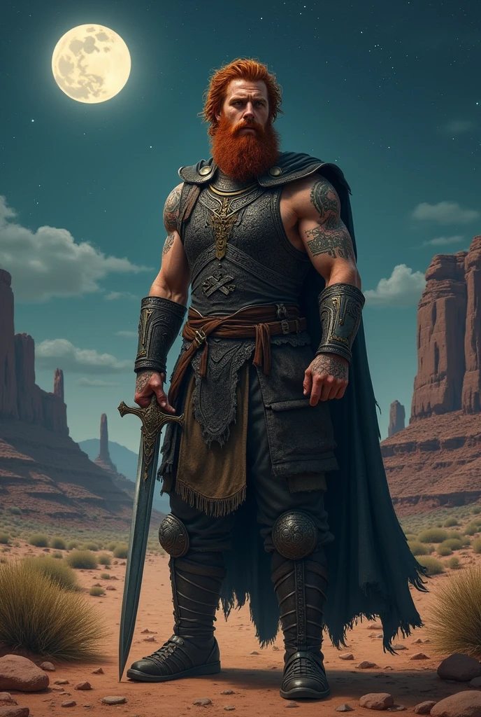 An irish 2 boy with keltic tatto on his biceps,he has red french cut beard and red curly hair,he hold a long sword in his hand and he stand on Arizona dessert at night