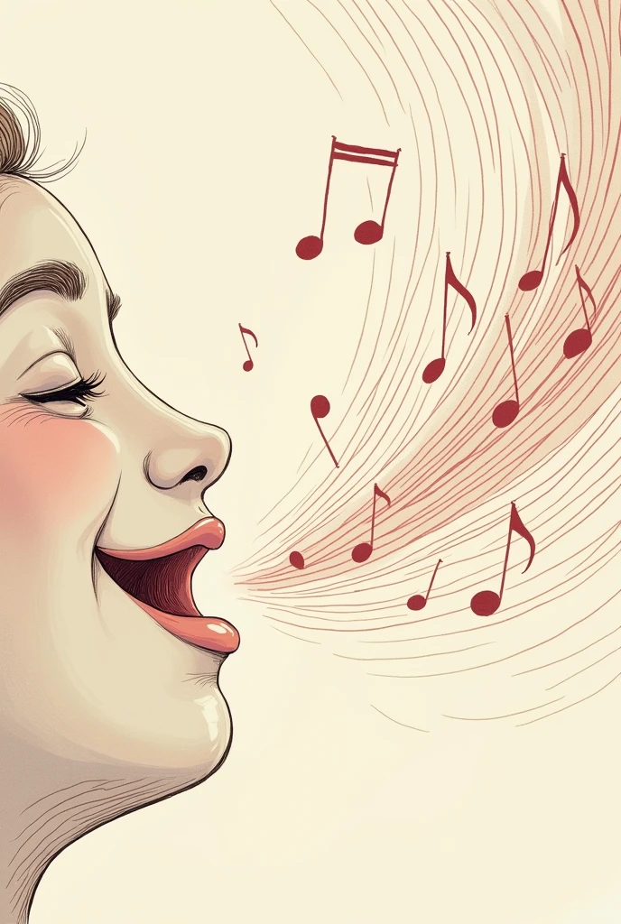The image shows smooth, undulating sound waves, emanating from a smiling mouth. Around it, There are little musical notes floating in the air, representing the melody of the beloved voice. Let it be more of a drawing