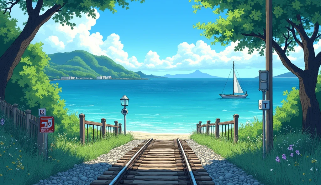 illustrated by hergé, style of makoto shinkai anime, pen and ink., beautiful colors, attention to detail, blue, green and teal. Cinematic.Stylish.Light and shadow.Railroad crossing.The sea. Japanese summer scenery.