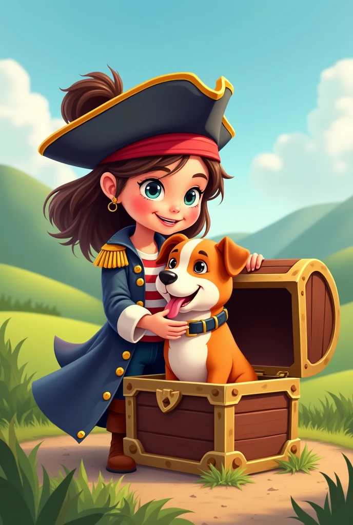 girl dressed as a pirate, dog in a treasure chest and girl hugging dog outside the chest vectorized