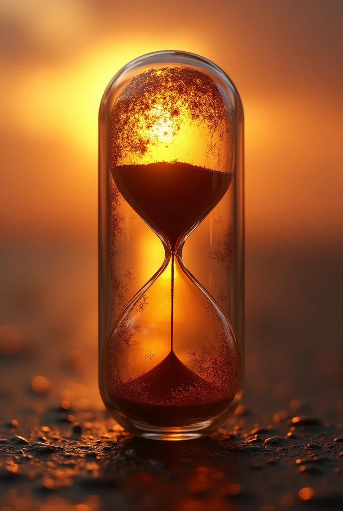 one (((pill capsule))) with one (((transparent inner shell))) that subtly incorporates the silhouette of a ((hourglass with its intricate details and ornate patterns)) while the lid design reflects the (soft glow of the sunset behind her), displaying (((vivid contrasting colors of dark amber and light amber))) that blend beautifully with the (distinct bright orange hue) from the surface of the hourglass. or (minimalist design) the cap is elegant and modern,or ((modern and elegant design)) of the cap incorporates (((a silhueta icônica de uma hourglass with its intricate details and ornate patterns))), displaying seu (vivid contrast against the (amber background of the setting sun and the soft shadows it casts on the surroundings. or design moderno do boné é elegante e minimalista, with emphasis on the hourglass shape and the (amber tones that convey a sense of warmth and nostalgia