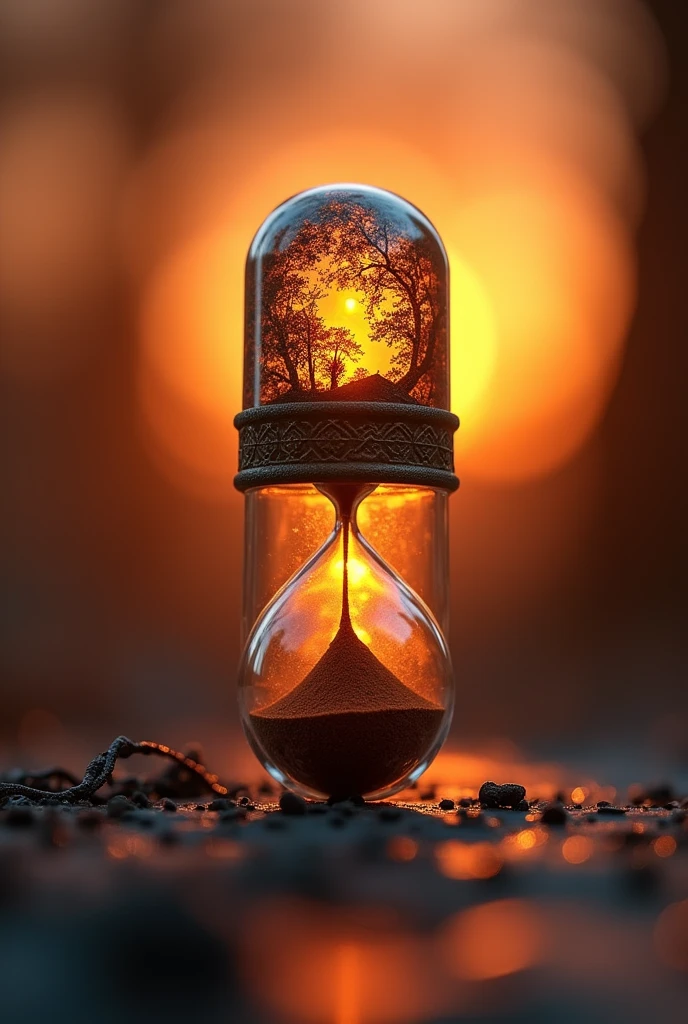one (((pill capsule))) with one (((transparent inner shell))) that subtly incorporates the silhouette of a ((hourglass with its intricate details and ornate patterns)) while the lid design reflects the (soft glow of the sunset behind her), displaying (((vivid contrasting colors of dark amber and light amber))) that blend beautifully with the (distinct bright orange hue) from the surface of the hourglass. or (minimalist design) the cap is elegant and modern,or ((modern and elegant design)) of the cap incorporates (((a silhueta icônica de uma hourglass with its intricate details and ornate patterns))), displaying seu (vivid contrast against the (amber background of the setting sun and the soft shadows it casts on the surroundings. or design moderno do boné é elegante e minimalista, with emphasis on the hourglass shape and the (amber tones that convey a sense of warmth and nostalgia